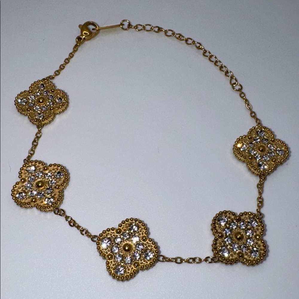 Rhinestone & Blue Clover Bracelet 18KGP Adjustable - Picture 3 of 6